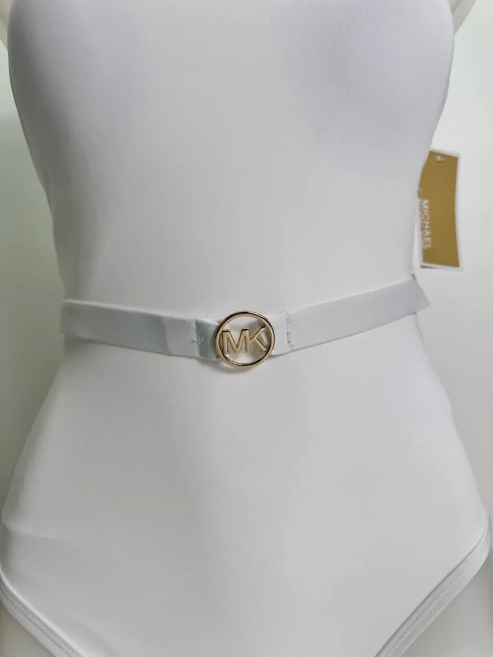 Michael Kors White Strapless One-Piece Swimsuit with Gold MK Ring Belt Sz 6 NWT